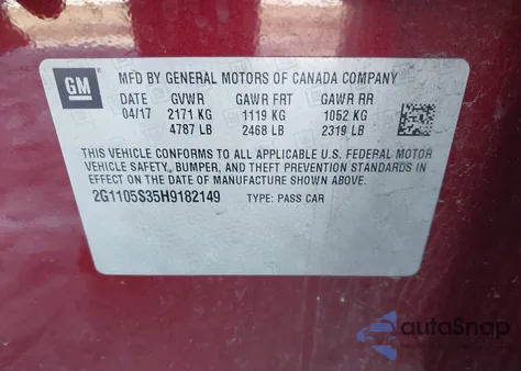 2017 Chevrolet Impala 1Lt z USA, uszkodzony, nr VIN 2G1105S35H9182149